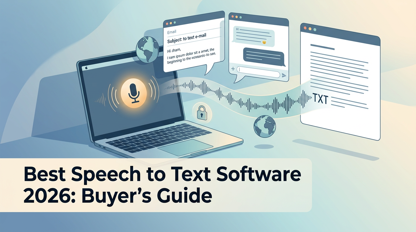 Best speech-to-text software 2026 buyer's guide — a laptop dictating voice into email, chat, and a text document